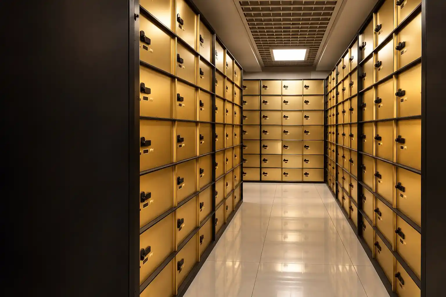 An aisle of gold Godrej lockers inside the Oro Safe vault