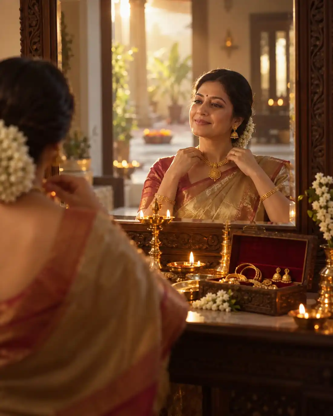 A woman putting on her gold necklace on Deepavali morning, lamps lit