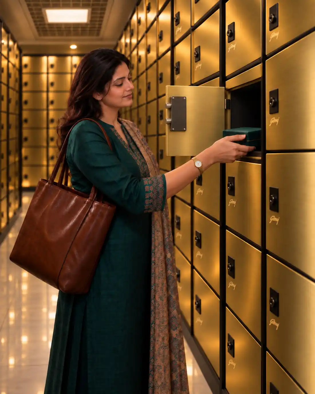 A woman opening her gold locker in the evening after work